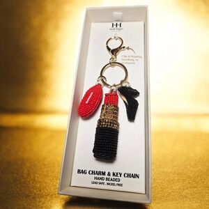 NEW Haute Hippie Red Lips Lipstick Black Heel Hand Beaded Bag Charm Keychain NWT